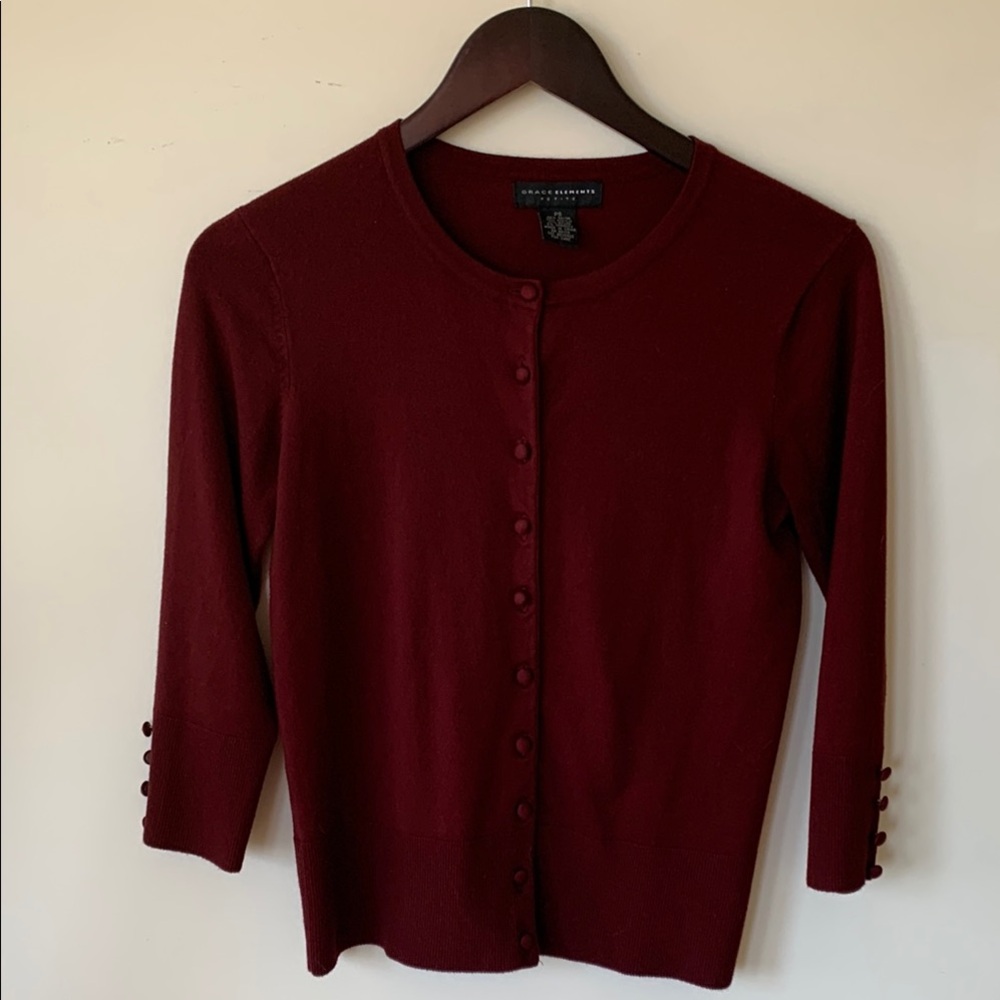 Grace Elements Burgundy Cardigan with covered buttons sleeve buttons SZ PS